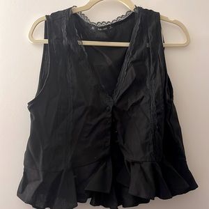 Zara Basics Black Linen & Lace Vest With Ruffle